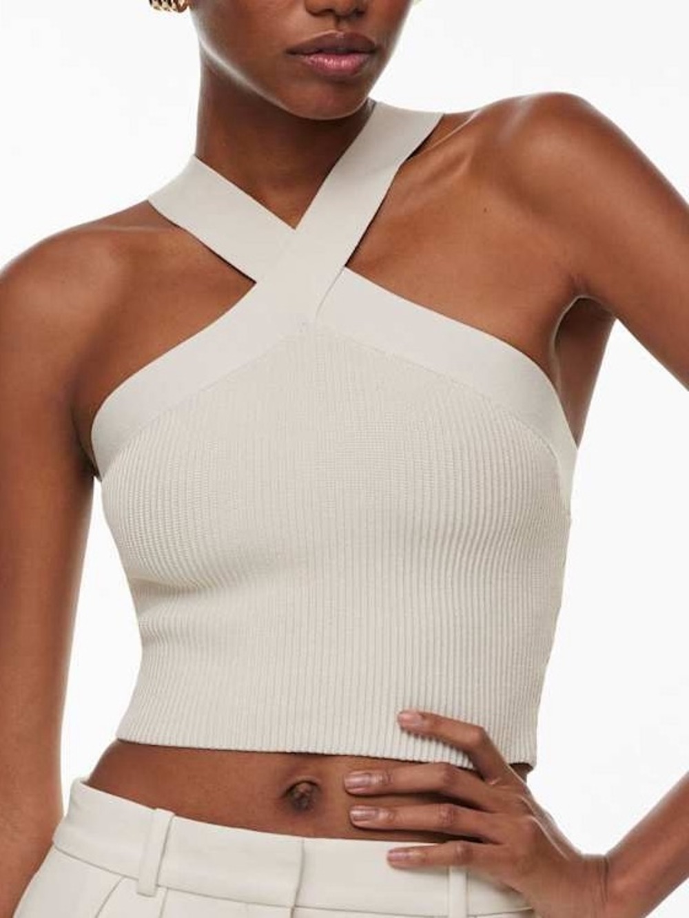 Babaton| Aritzia| Ecru Criss-Cross Sculpt Knit Halter Ribbed Crop Top Sz XXS - Picture 1 of 8